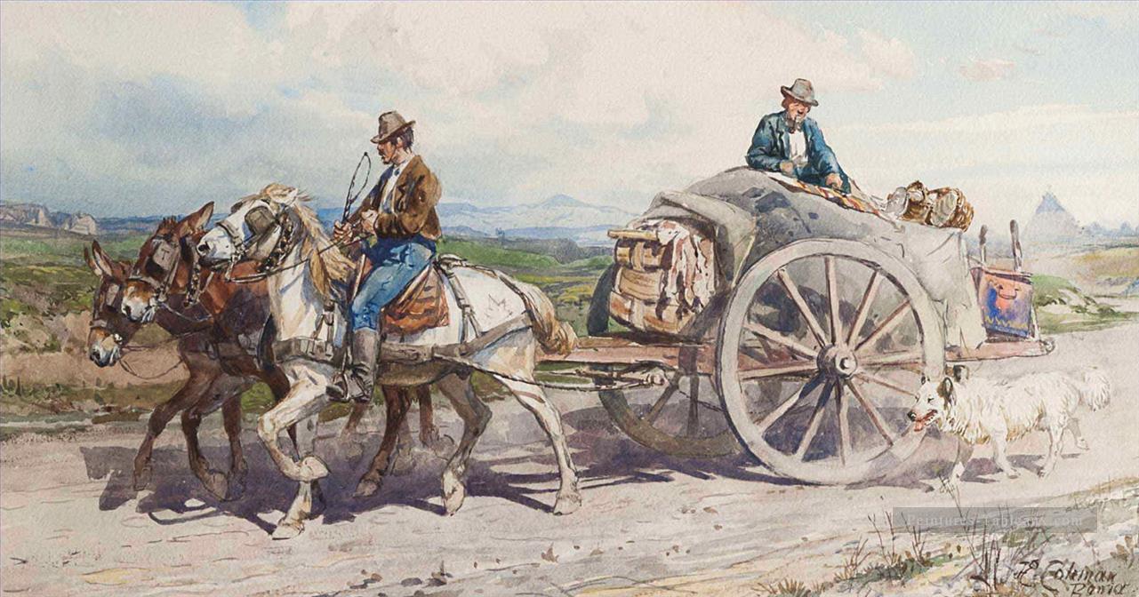 Charrette de paysans dans la campagne romaine Enrico Coleman genre Peintures à l'huile